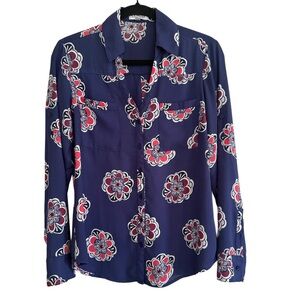 Express Navy Floral Retro Button Down Shirt Size Small